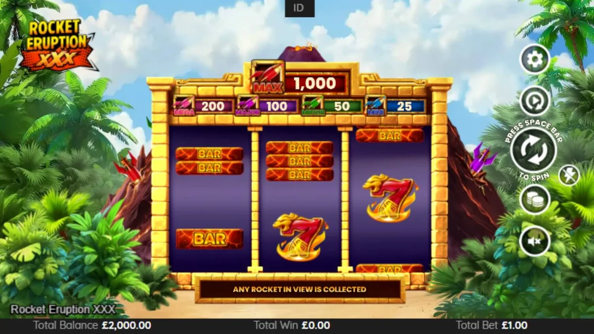 Cena de jogo do slot Rocket Eruption XXX com vulcão e foguetes